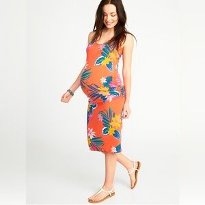 OLD NAVY MATERNITY Tropical Coral Floral Bodycon Midi Tank Dress | Size Small